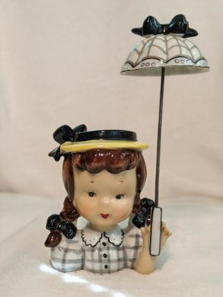 Vintage Suzie Q Girl Head Vase With Umbrella Parasol / Nc Neido Napco Japan