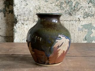 2008 Mark Alewine Studio Art Pottery Vase Drip Glaze Maple Leaf 7” Tall