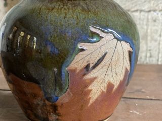 2008 Mark Alewine Studio Art Pottery Vase Drip Glaze Maple Leaf 7” Tall 3