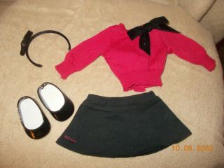 American Girl Doll Sparkle Bow Sweater & Headband Set Red Black Skirt & Shoes