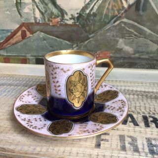 Fraureuth Mini Tea Cup & Saucer Blue & Gold Art Deco