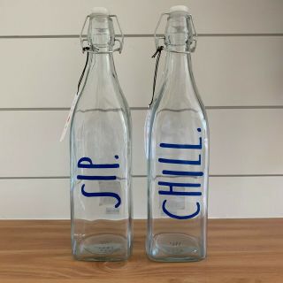 Rae Dunn Set Of 2 Bail And Trigger Bottles,  Blue Writing Sip Chill Nwot