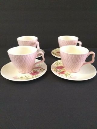 Vintage Red Wing Pottery Pink Spice 4 Cup & Saucer Set Mugs Mid - Century Modern