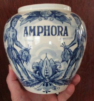 Vintage Hand Painted Blue & White Delft Amphora Vase/tobacco Jar/humidor 6.  25 " H