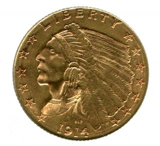 1914 D $2.  50 Gold Indian Head Half Eagle U.  S.  Coin Bu
