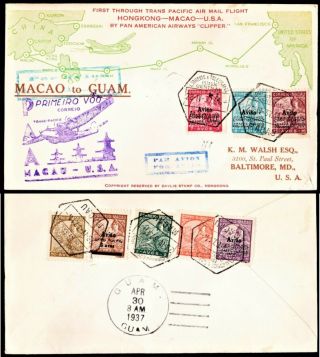 Fam 14 - 15b First Flight Cover Ffc Macao Macau Guam Apr 28 1937 Davlis Cachet