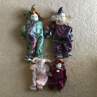 4x Porcelain & Cloth Harlequin Jester Clown Dolls Assorted Sizes 309