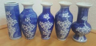 Set Of 5 Miniature Porcelain Vases White And Blue Florals