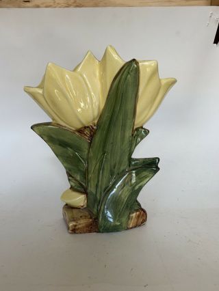 Vintage Mccoy Pottery Ceramic Double Tulip Vase W/yellow Decorations 8 "