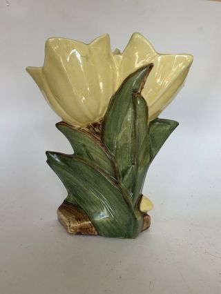 Vintage McCoy Pottery Ceramic Double Tulip Vase w/Yellow Decorations 8 