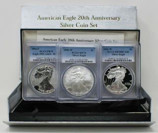 2006 $1 American Silver Eagle 3 Coin 20th Anniv Set Pcgs 70/70/70 Box A9863