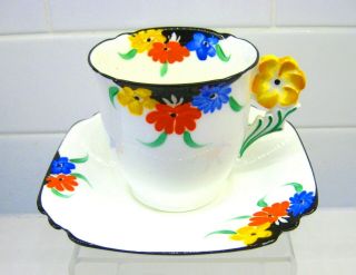 Collingwood Flower Handle Cup And Saucer Art Deco Hand Painted