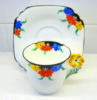 Collingwood Flower Handle Cup and Saucer Art Deco Hand Painted 2