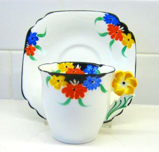 Collingwood Flower Handle Cup and Saucer Art Deco Hand Painted 3