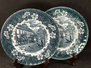 Set Of 2 Royal Tudor Coaching Taverns Teal Green Blue Dinner Plates 10 " England