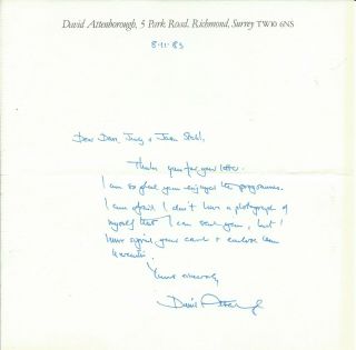 David Attenborough Signed 1985 Letter On His Personal Stationery