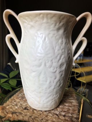 Red Wing Art Pottery Floral Ivory Double Loop Handles Vase 1165 Vintage 1940’s