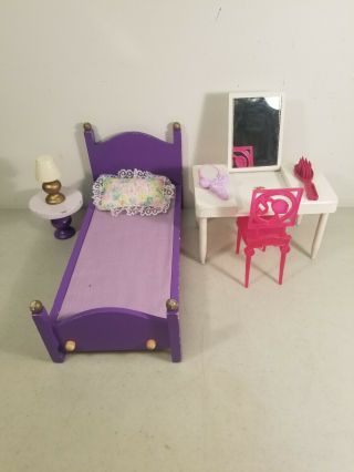 1:6 Scale Wooden Dollhouse Furniture: Bed,  Dressing Table,  Chair,  Lamp,