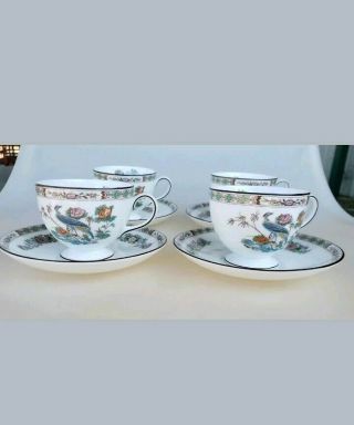 4 Wedgwood Kutani Crane Bone China Tea Cups And Saucers