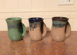 2017 Signed Neher Art Pottery Glazed Hand Warmer Mug Left Hand - Set Of 3