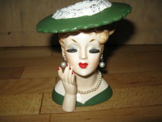 Vintage Lady Head Vase 3.  5 " Napco Napcoware C3343/s 1962 Green/pearls