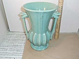 9 " Vintage Mccoy Art Pottery Green 2 Handled Flower Vase