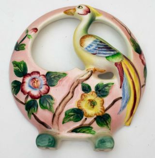 Vintage Japan Wall Pocket Vase Ceramic Hand - Painted Flowers Bird Raised