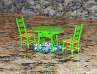 Dollhouse Miniature Dual Drop - Leaf Kitchen Table W/chairs Metal Green & Yellow