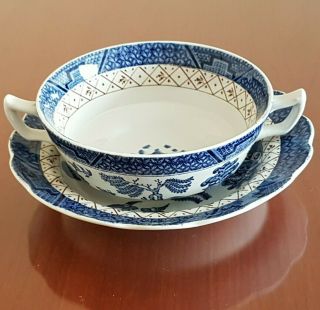 Booths Real Old Willow Blue And White Cream Soup Bowl Dish And Saucer Set A8025