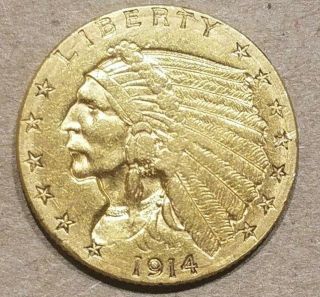 1914 P $2.  50 Gold Indian Head Quarter Eagle Coin 2 1/2 Dollar