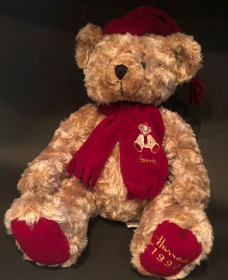 Harrods Knightsbridge London Teddy Bear Plush 14 " Red Hat And Scarf 1999 Xmas