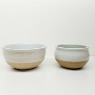 Pottery Barn Portland Two Tone Tan Brown Rustic Stoneware Bowls Set Of 2 Glazed