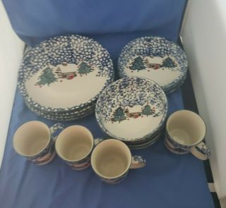 Set Of 4 Tienshan Folk Craft Cabin In The Snow 4 - Pc Place Setting China