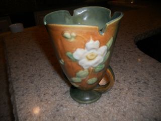 Vintage Roseville Pottery Vase 980 - 6 Green With White Roses
