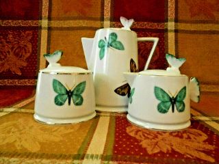 Grace Teaware Fancy Butterfly 6 Piece Teapot W/lid,  Creamer & Sugar Bowl W/lid
