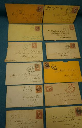 Civil War Era 1860’s Us Cover Lot (12) 3 Cent Postage Stamps Uncatalogued