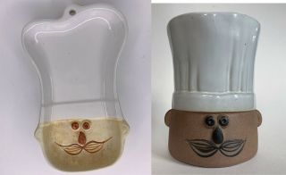 Vintage Le Chef Spoon Rest And Utensil Holder Vase Stoneware Takahashi 2 Pc Set