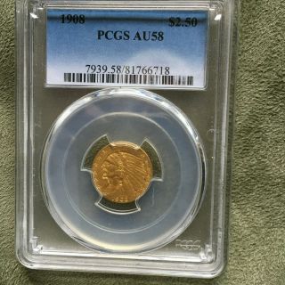 1908 2 1/2 Quarter Eagle Pcgs Au 58 Gold Indian Head Coin ($2.  50) Dollars