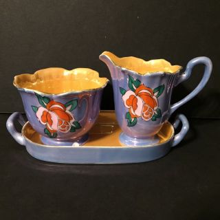 Vintage Noritake Lusterware Japan Hand Painted Rose Creamer Sugar & Tray Set