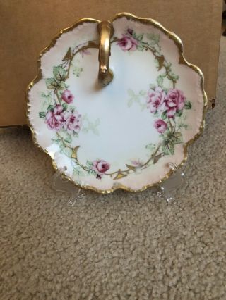 Limoges France Elite Hand Painted Gold Roses Lemon Nappy Candy Dish Plate