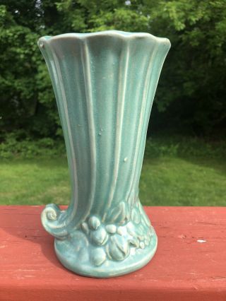 Vintage Nelson Mccoy Art Pottery Matte Green Cornucopis 8” Vase