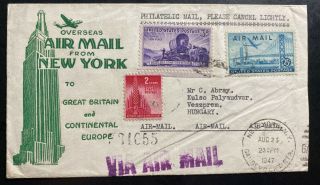 1947 York Usa First Flight Airmail Cover Ffc To Veszprem Hungary
