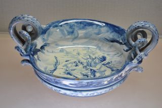 Italian Renaissance Pottery Bowl Early 20th Century Signed Flow Blue Cherubs
