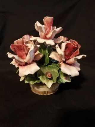 Vintage Capodimonte Porcelain Basket Of Flowers Made In Italy