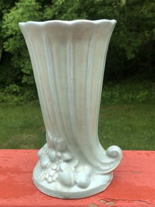 Vintage Nelson McCoy Art Pottery Matte Green Cornucopia 8” Vase 2