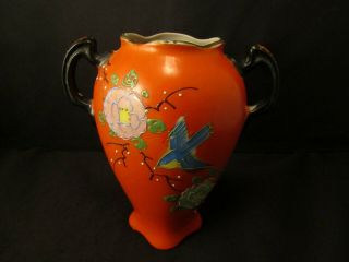 Nippon Noritake 5 " Hand Painted Art Deco Orange Bluebird Vase Japan