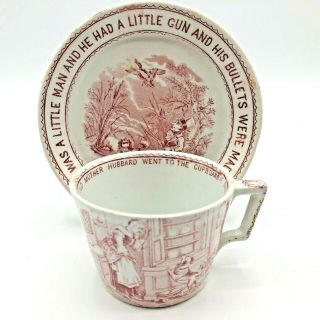 Antique Red Transferware Nursery Rhymes Cup & Saucer 1888 Old Mother Hubbard