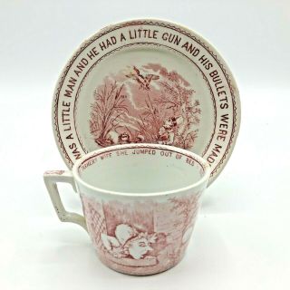 Antique Red Transferware Nursery Rhymes Cup & Saucer 1888 Old Mother Hubbard 2