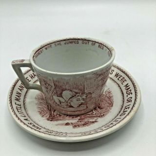Antique Red Transferware Nursery Rhymes Cup & Saucer 1888 Old Mother Hubbard 3