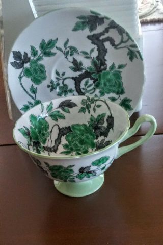 Shelley Ovington Fine Bone China 15216 Footed Cup & Saucer Green & Black Floral